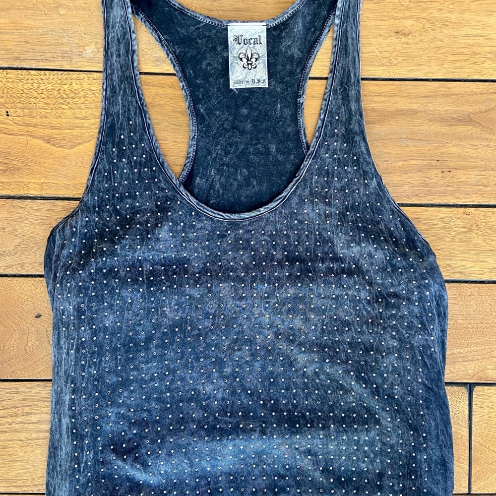 Gray Rhinestone Studded acid wash Motorcycle Top